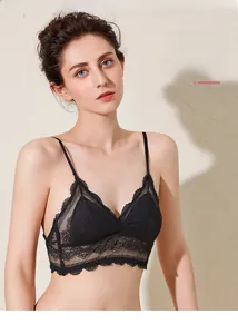 Close-up of black floral lace fabric on a deep V-neck wireless French style bra