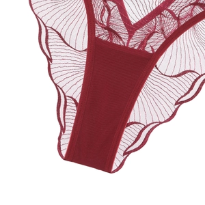 Macro detail of wine red lace underwear showing delicate mesh fabric and embroidery