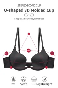 Detailed diagram of seamless black deep U plunge bra with stereoscopic cups for push-up support