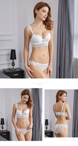 Detailed view of a white lace push-up bra set with intricate floral patterns and bows