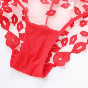 Dettaglio degli slip di pizzo rosso con rete trasparente e ricami a forma di labbra