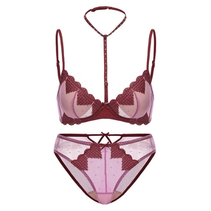 Sexy French Lingerie Heart Embroidery Mesh Underwire Bra And Panty With Detachable Rhinestone Halter Neck Strap For Women Push Up Intimates