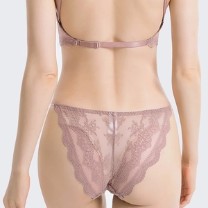 Detailed back view of pink floral lace lingerie set with ultra-thin breathable embroidery