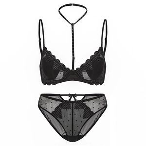 French black lace lingerie set with heart mesh embroidery and halter neck bra design