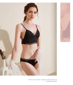 Detail of black French lace bralette featuring sheer triangle cups and U-back design