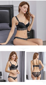 Detail of black lace lingerie set with floral embroidery and bow accents in a 3-view shot
