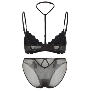 Ensemble lingerie sexy en dentelle noire et tulle avec col licou et broderies