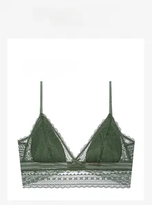 Close-up of dark green floral lace bralette with breathable thin cups and wire-free design