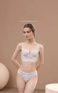 Detail of white eyelash lace U-back bra set with mesh paneling on a mannequin