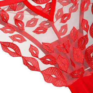 Dettaglio del ricamo a labbra rosse su biancheria intima in pizzo a rete trasparente