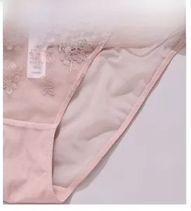 Detailed close-up of semi-transparent pink mesh and floral lace embroidery on panties