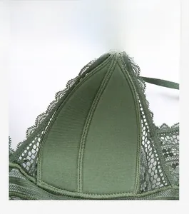 Detail view of lace bra with thin cotton padding and elastic hem for comfort