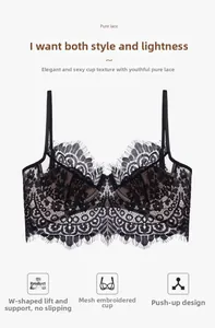 Detail of black lace bra featuring intricate mesh embroidery and W-shaped lifting support