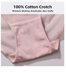 Close-up of pink lace panty featuring breathable 100% cotton crotch lining detail