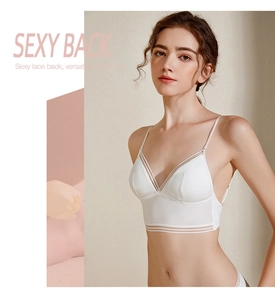 Detail of white U-shaped halter bra with thin straps and translucent mesh stripes