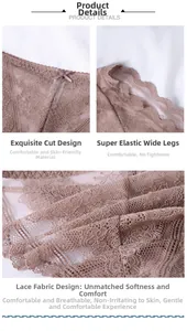 Detailed view of sheer brown lace fabric and bow accent on these low-rise panties