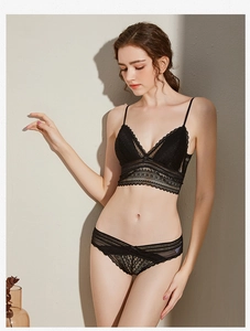 Detail of black lace bralette showing delicate floral patterns and sheer mesh texture