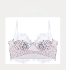 Detail of white eyelash lace bra with soft underwire and floral sheer mesh texture