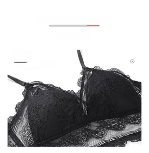 Detail view of ultra thin black lace bra with intricate floral patterns and fine straps