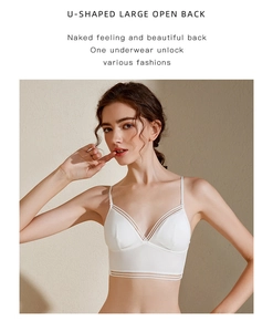 Macro view of white U-back wireless bra with breathable striped mesh and thin straps