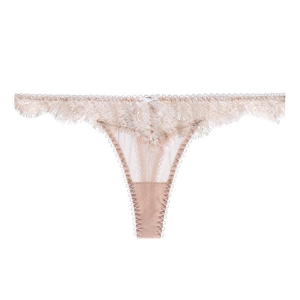 Champagne lace G-string with eyelash lace trim and sheer mesh front for women
