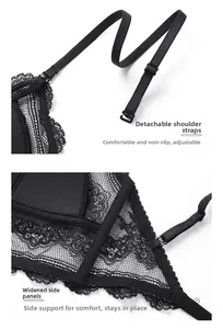 Detail of adjustable straps and wide lace side wings on a black wireless bra