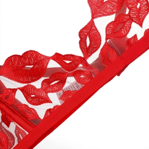 Vue détaillée de dentelle résille rouge avec broderie lèvres et bordure élastique