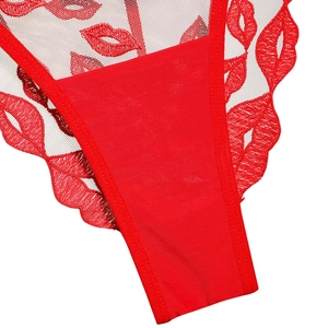 Dettaglio ricamo labbra rosse su mutandine in rete trasparente con texture pregiata