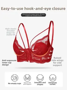Detail view of red lace bra featuring front closure and high elastic double straps