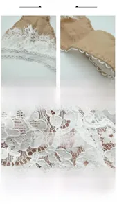 Detail shot of delicate French eyelash lace fabric and intricate embroidery on panties