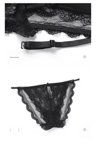 Close-up of black floral lace underwear with adjustable single-buckle and bow detail