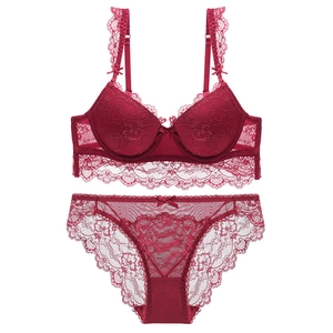 Deep red floral lace lingerie set with a push-up bra and matching sheer panties