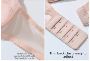 Détail du soutien-gorge rose en dentelle avec côtés en maille et fermeture dos à quatre rangs