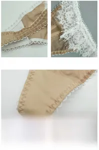 Close-up of French eyelash lace details and bow on breathable beige thong underwear