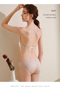 Back view of seamless skin-tone lingerie set with thin straps and smooth silk finish