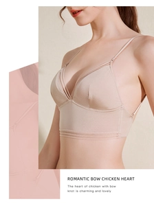 Close-up of seamless nude ice silk bralette featuring thin straps and V-neckline detail