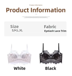 Detailed size chart and fabric info for black and white eyelash lace bralette