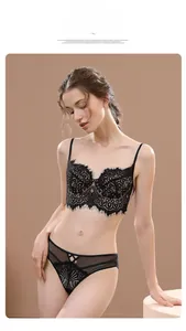 French eyelash lace bralette and sheer mesh panties on a model in black color