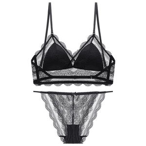 French style black lace lingerie set with wireless triangle cup bra and floral underwear