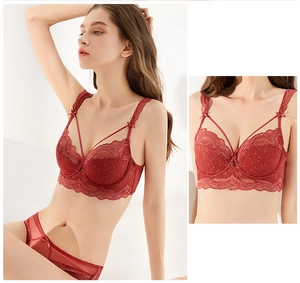 Detail of red floral lace embroidery and delicate scalloped edges on the bra