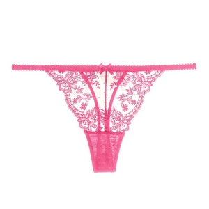 Close-up of pink floral eyelash lace thong with a delicate bow and elastic thin straps