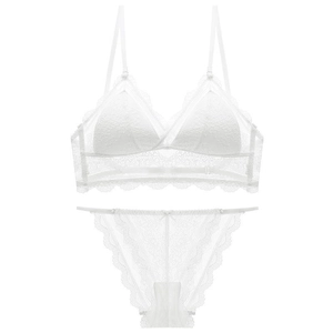 French style sexy white lace lingerie set with wireless triangle bra and mesh panties