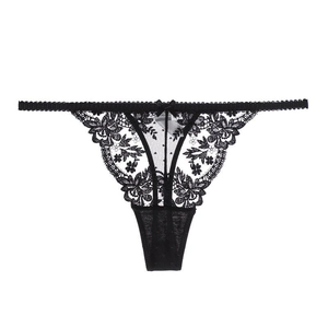 Sexy black lace thong for women with elegant floral embroidery and a small bow detail