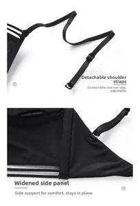 Detail of adjustable detachable straps and wide side wings on a black plunge bra