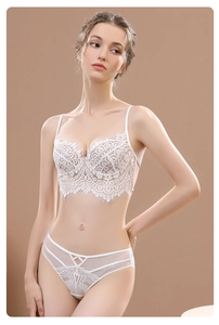 Close-up of white eyelash lace bra set with geometric mesh details and thin straps