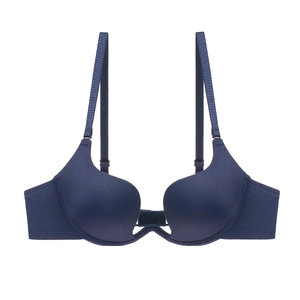 Deep V push-up bra in navy blue with seamless molded cups and adjustable straps