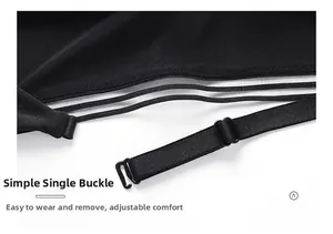 Detail of single-hook clasp and sheer striped mesh on black backless bra strap