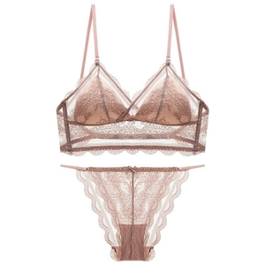 French Sexy Lace Lingerie Suit Thin Triangle Cup Wirefree Bra U-Shaped Low Back Adjustable Straps Underwear Floral Bralette