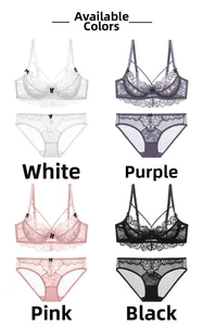 Lace lingerie set detail showing four colors with bows and sheer fabric details