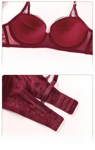 Détail du soutien-gorge en dentelle bordeaux avec bonnets ultra-fins et agrafage triple
